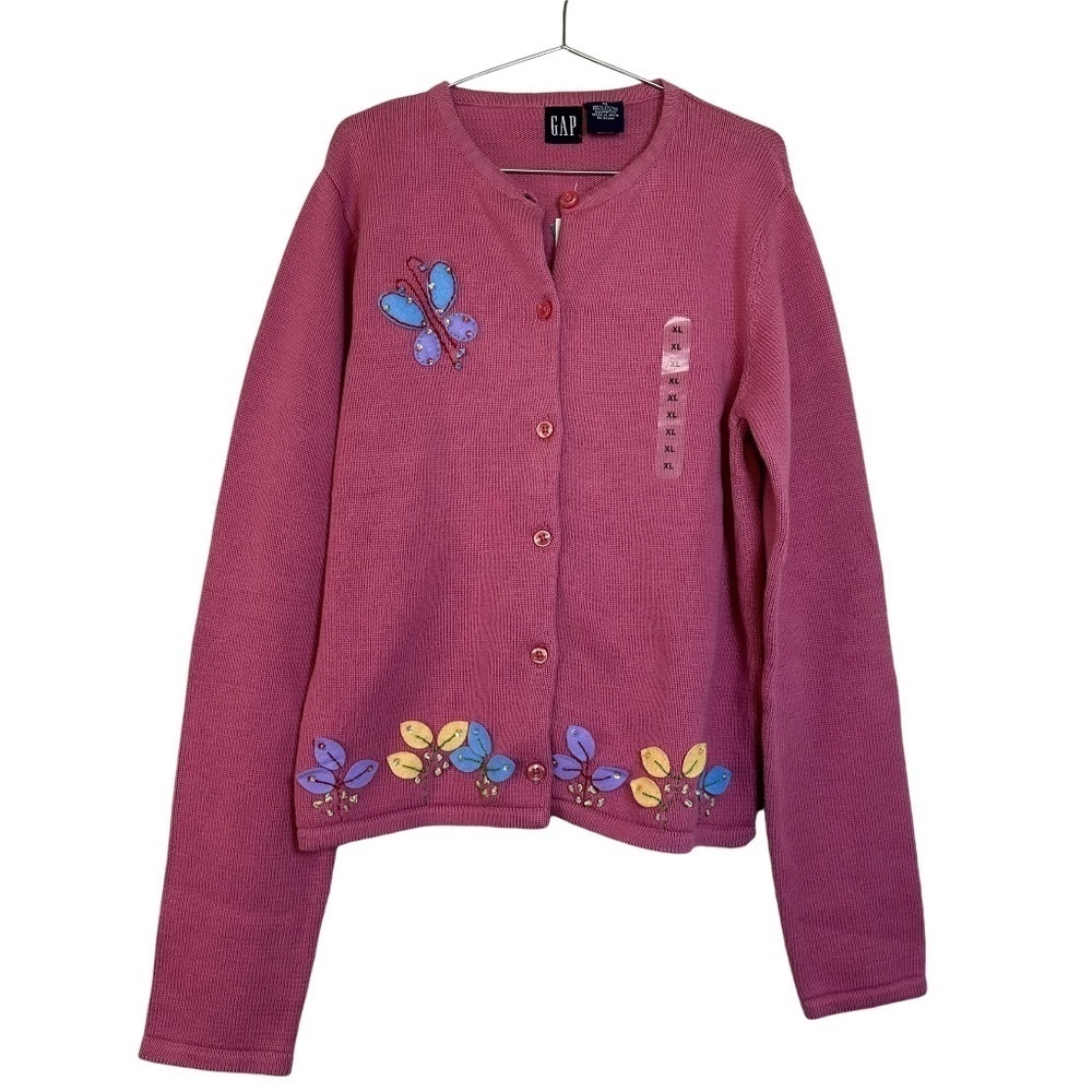 Gap Girls Cardigan Sweater XL Pink Flower Butterfly Appliqués Artsy NEW